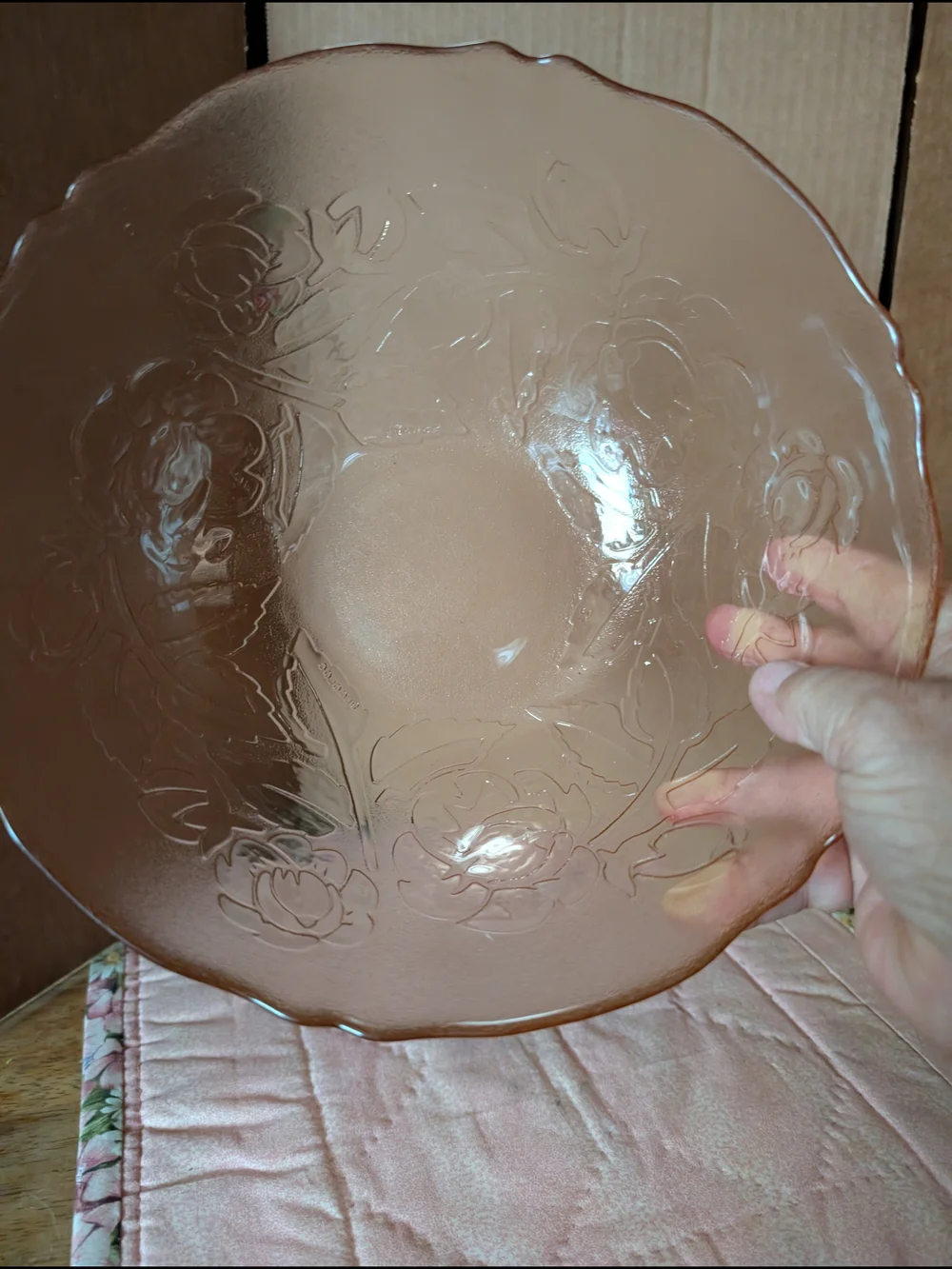 Pink Floral-Embossed Glass Serving Bowl